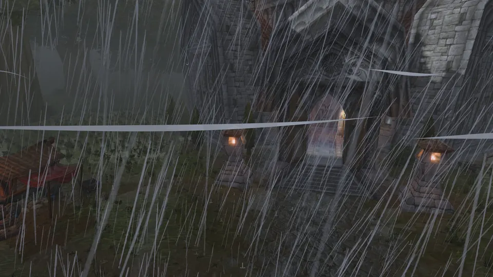 Schräger Regen und Wetterleuchten über dem Tal von Nordhain