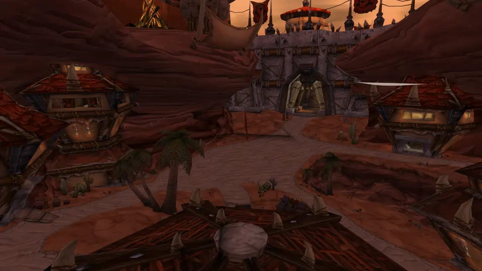 Orgrimmar am Abend, Hütten und Stacheln vor dem Tor