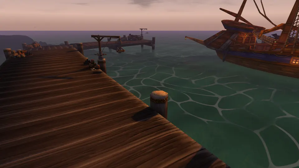 Der Hafen von Menethil am Abend, ein helles Netz aus Schaumadern liegt auf dem grünen Hafenbecken.
