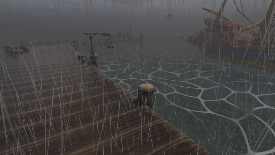 Regen über dem Hafen von Menethil, Schaumadern und Tropfen auf dem Hafenbecken.