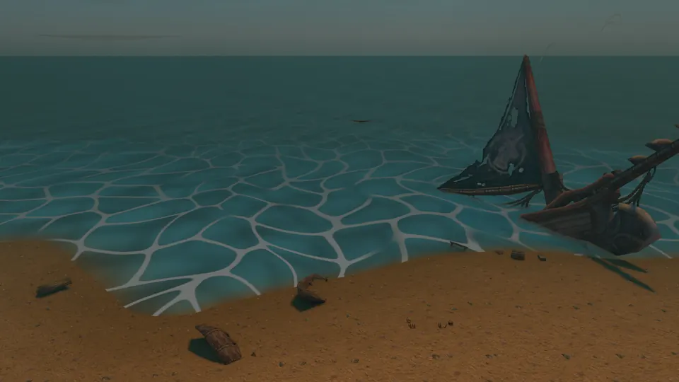 Türkisfarbenes Flachwasser mit Schaumadern am Strand von Westfall, rechts ein gestrandetes Schiffswrack.