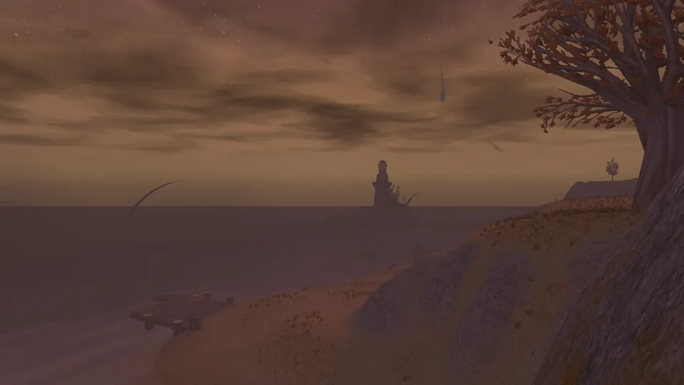 Blick von einer Klippe in Westfall auf Leuchtturm und Steg im rötlichen Abenddunst, Windspuren am Himmel.